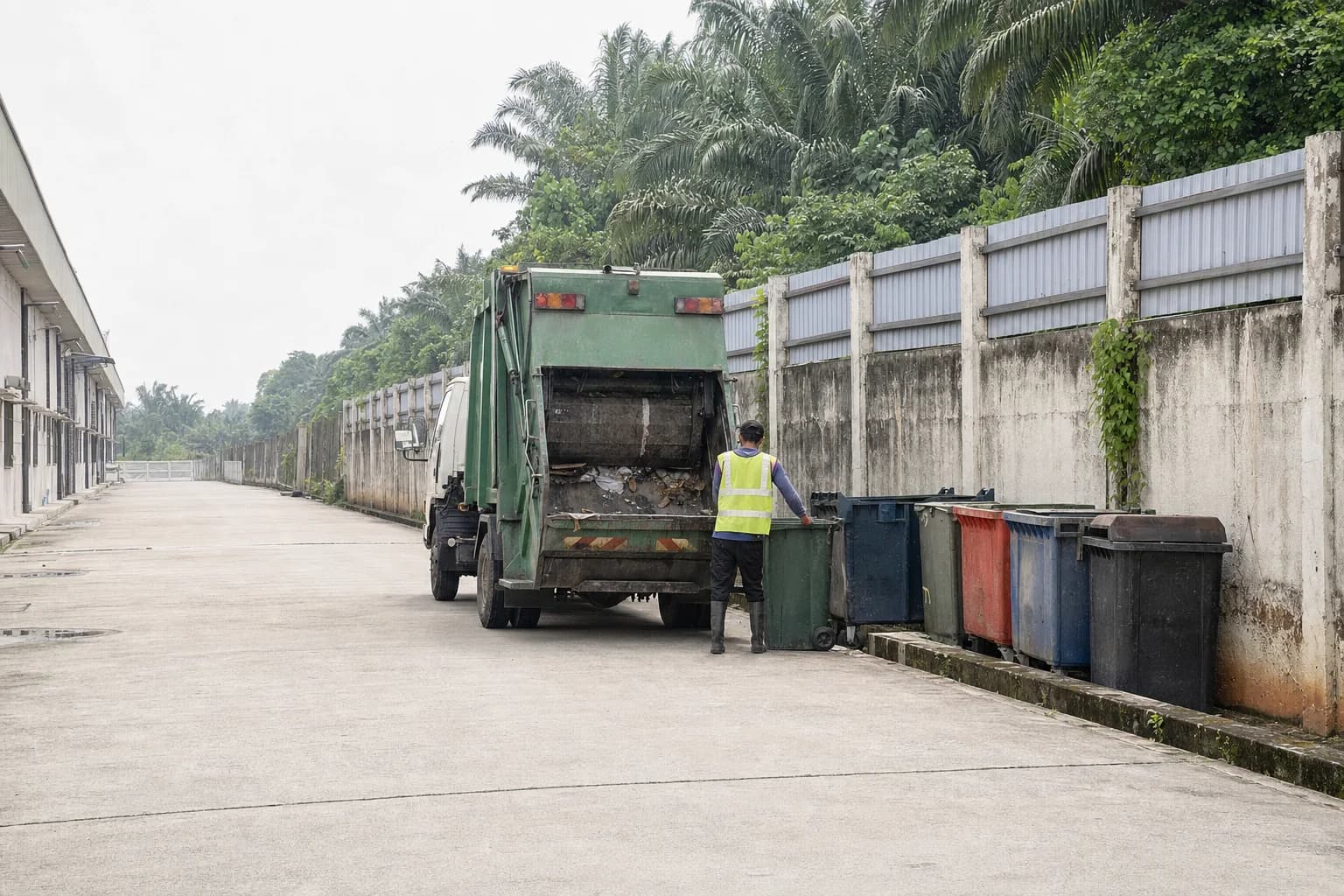 A compactor lorry and crew collecting a row of wheelie bins beside a perimeter wall