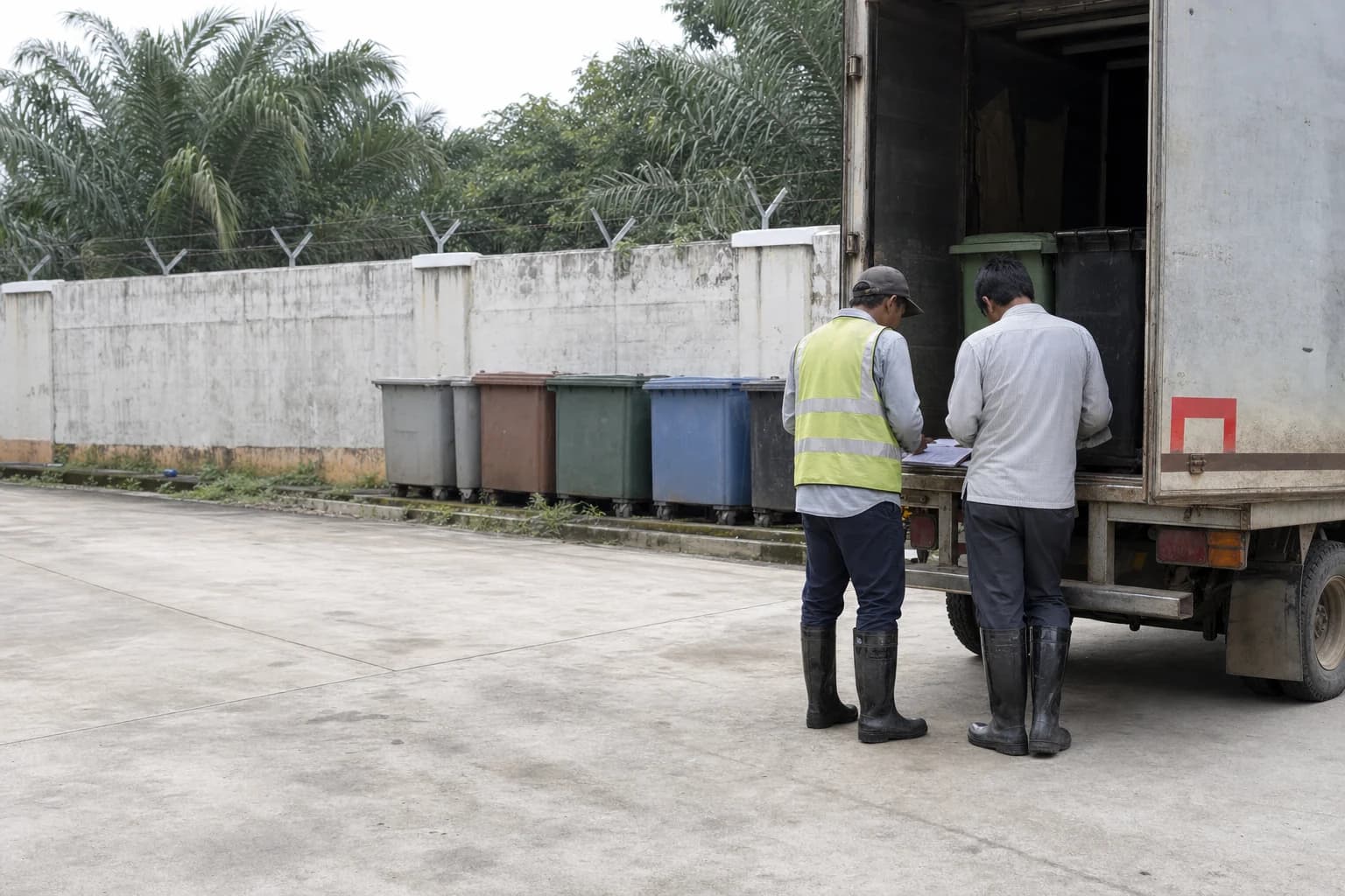 Representative account review at a lorry tailgate, operator and site manager over the collection record