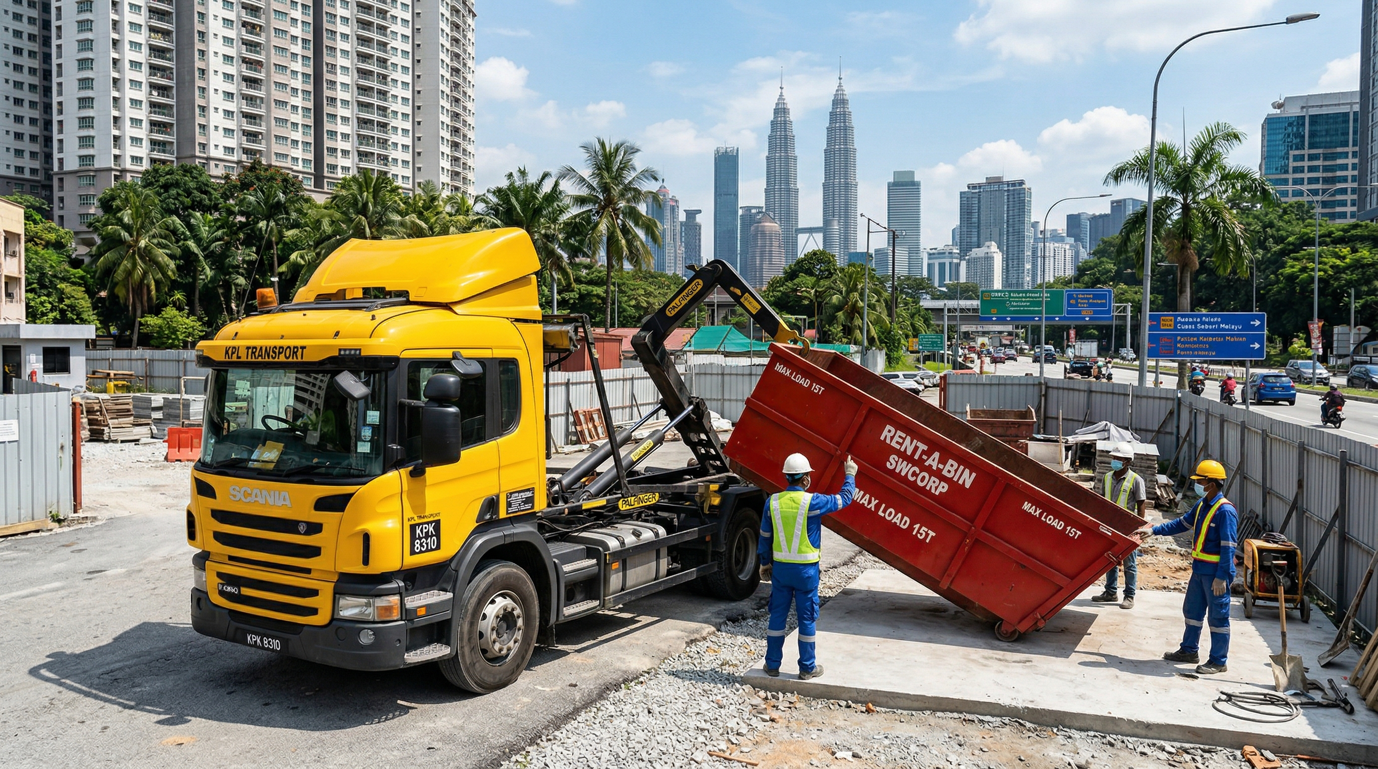 Hook-lift lorry delivering a RORO bin to a site in KL