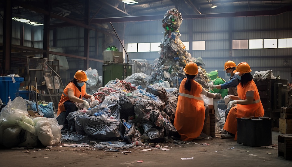 Workers sorting and managing commercial waste in a factory